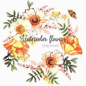 Couronne délicate aquarelle - clipart PNG- fleurs délicates - feuilles-Invitation de mariage - Logo - Numérique - Cadeau personnel