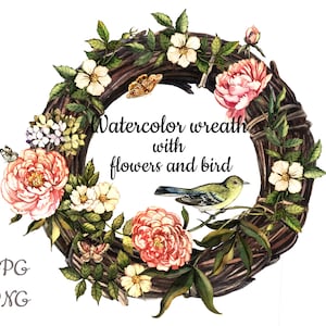 Vintage krans met pioenrozen, bloemen, vlinders en vogels, persoonlijk cadeau, wenskaart, verjaardagskaart, zachte arrangementen Boeketten actief