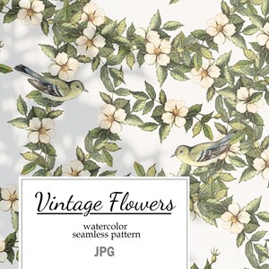 Watercolor pattern with flowers rosehip and birds,  Vintage flowers, botanic digital download, repeat pattern for fabric and paper, JPG