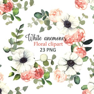 Aquarelle Floral et Verdure Clipart. Anémones blanches Floral Clipart. Bouquets et arrangements clip art, ensemble de mariage PNG