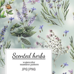 Erbe profumate, fiori vintage, fiori ad acquerello, download digitale botanico modello ripetuto per stampa su tessuto o vinile, carta da disegno