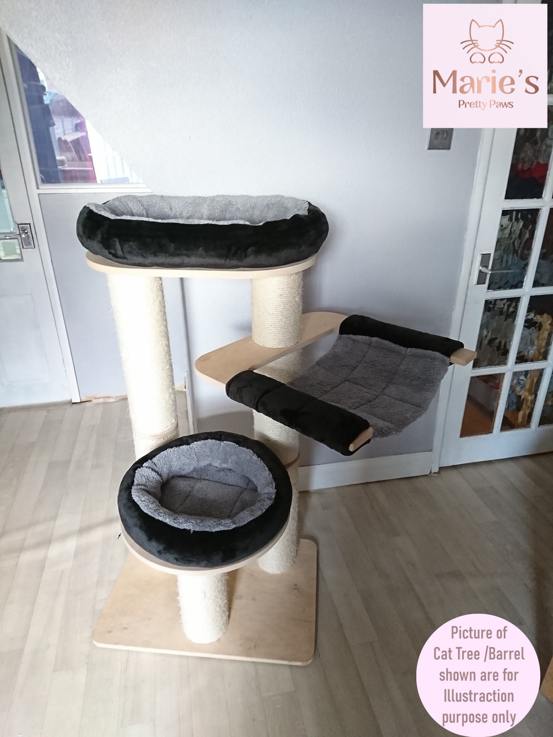 BLACK/SILVER GREY Sherpa Fleece 3pc Cat Tree Bed Replacement Set to Fit