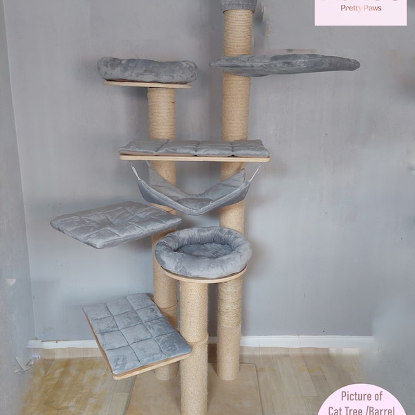 SILVER GREY Cuddle Fleece 8pc Cat Tree Bed Replacement Set to Fit in  for Natural Paradise Cat Tree Amaryllis XXL (not incl. cat tree)