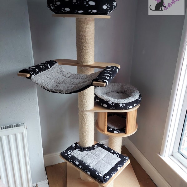 ZWART / WIT Poten & Zilver Sherpa Fleece 5pc Krabpaal Bed Vervanging Set om in te passen voor Natural Paradise Cat Tree XL (niet incl. krabpaal)