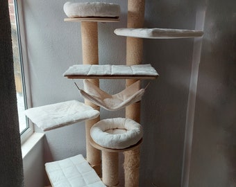 IVORY CREAM Cuddle Fleece 7-8pc Cat Tree Bed Replacement Set to Fit in  for Natural Paradise Cat Tree Amaryllis XXL (not incl. cat tree)