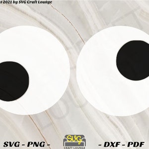 May include: Two white circles with large black pupils, resembling cartoon eyes. The design is for SVG, PNG, DXF, and PDF formats. The text "Design is copyright 2021 by SVG Craft Lounge" is at the top, and "SVG - PNG" and "- DXF - PDF" are at the bottom.