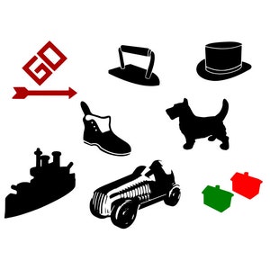 Monopoly Pieces Game Bundle Design Cut File - Stencil - Silhouette - Cricut - svg - png - dxf - pdf - Modello adesivo - file di taglio