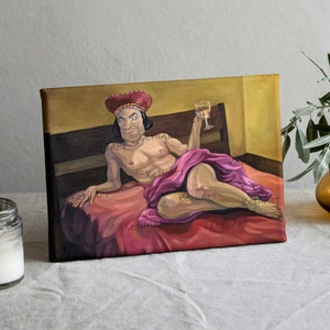May include: A painting of a man wearing a red and gold crown, lying on a red bed with a glass of wine in his hand. The painting is set against a yellow background.