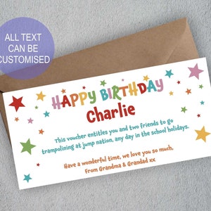 Vale de regalo de cumpleaños personalizado, tarjeta de regalo, boleto,