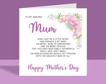 Poem Mothers Day Card, Cute Mother Day Card  for Mum, Happy Mothers Day Cards, Amazing Mum