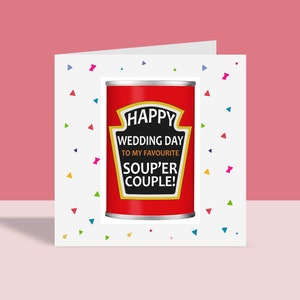 Tarjeta inspirada en la sopa Heinz: tarjeta de boda divertida, feliz día de la boda, juego de palabras con comida, pareja feliz, tamaño A6