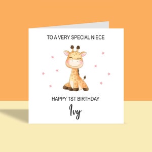 Tarjeta de felicitación especial para niño o niña: personalizada, con nombre, edad y jirafa.