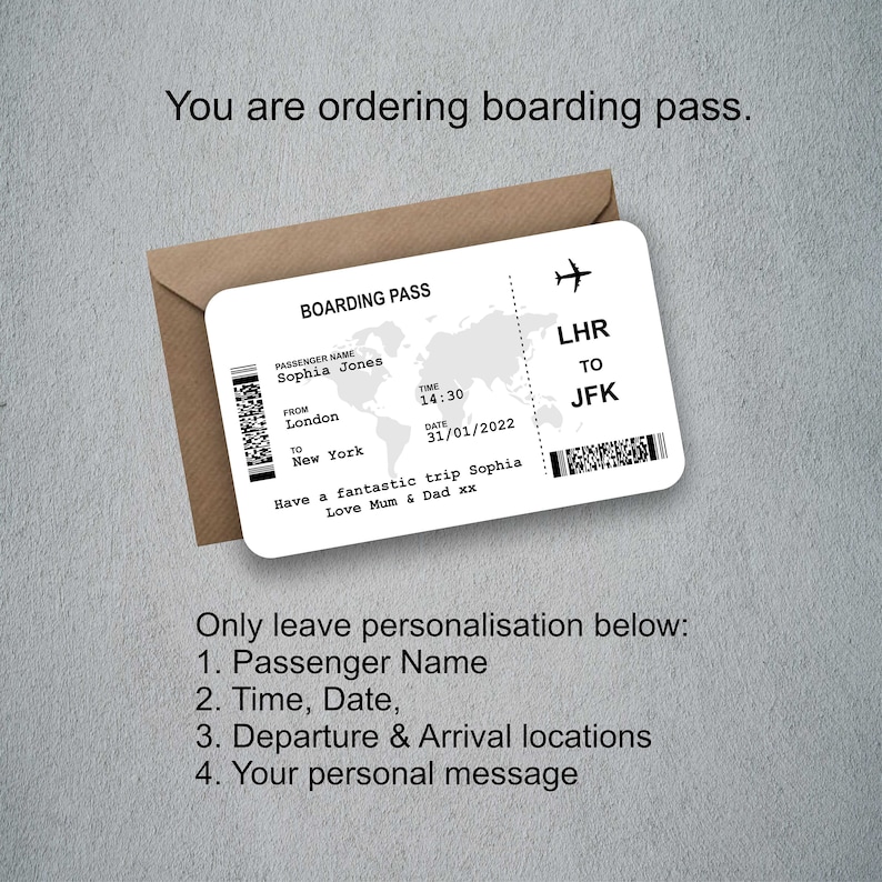 Personalised Custom Gift Airline Ticket , Boarding Pass, Gift Card, Boarding Pass