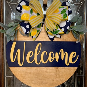 Welcome Door Hanger, Raised Lettering Door Hanger, Welcome Wreath, Navy & yellow Welcome Door Hanger, Front Door Decor, Round Door Hanger