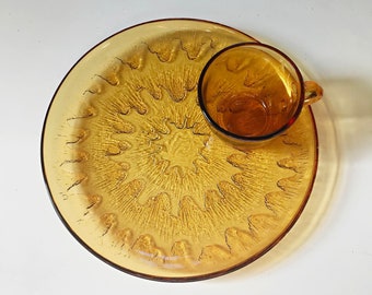 Starburst "Plate of Gold" Indiana Glass Amber Okrągły talerz obiadowy z pasującą filiżanką do herbaty || Święto Dziękczynienia