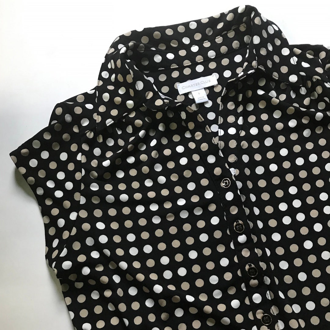 Black Beige & White Polka Dot Charter Club Buttoned Blouse - Etsy