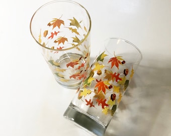 Crisa Orange & Green Leaves w/ Acorn Motif Pair of Fall Glass Tumblers || Thanksgiving || Autumn