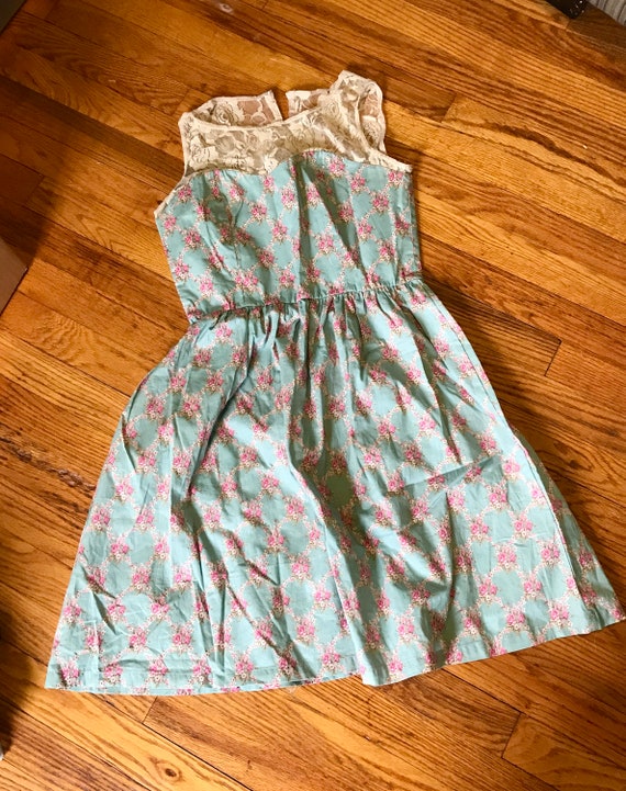 Lacey Blue Spring Dress with Pink Flowers & Sweet… - image 2