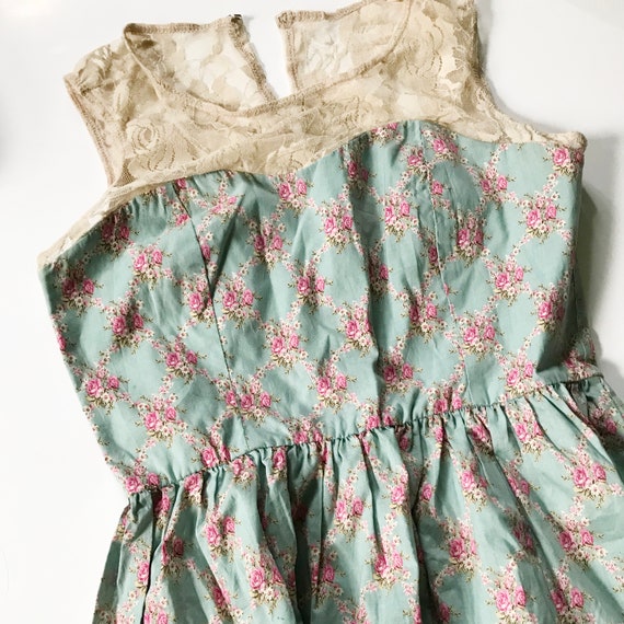 Lacey Blue Spring Dress with Pink Flowers & Sweet… - image 1