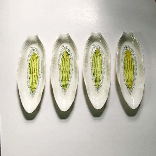 Autumn Ceramic Elongated Corn Dish Set of 4 || Mid Century