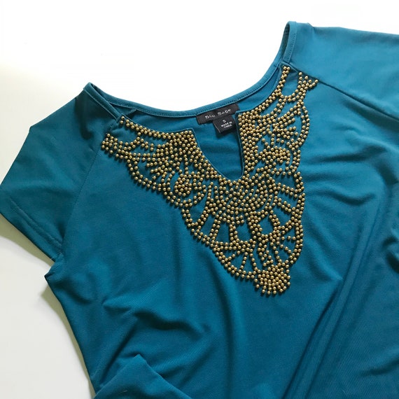 Deep Turquoise Gold Beaded Cap Sleeved A-Line Dress