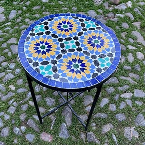 Blue Garden Mosaic Table – Unique Outdoor/Indoor Ceramic Bistro Table, Vibrant Zellige Tiles