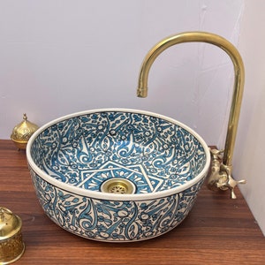 blue Moroccan sink for Modern Bathroom Sink - Moroccan Porcelain Vanity Basin, Single Bowl Ceramic Lavabo, Free Gift Included