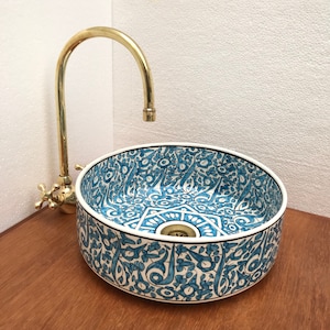 Blue Moroccan Ceramic Vessel Sink: Hand-Painted Bathroom Basin
