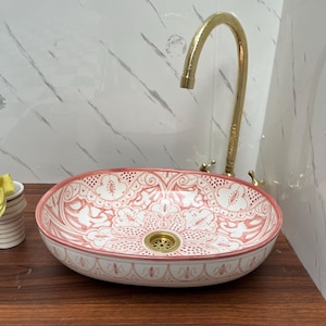 Oval handcrafted ceramic bathroom vessel sink countertop pink design for vanity