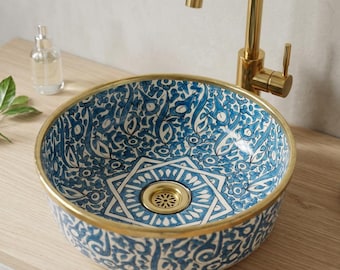Handgefertigtes marokkanisches Waschbecken mit Messingrand, handbemaltes Keramik-Aufsatzwaschbecken, kunstvolles Aufsatzwaschbecken