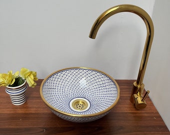 Handcrafted Moroccan Ceramic Vessel Sink: Blue Pattern, 14k Gold Rim