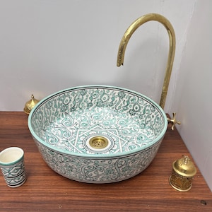 Green Moroccan sink for Modern Bathroom Sink - Moroccan Porcelain Vanity Basin, Single Bowl Ceramic Lavabo, Free Gift Included