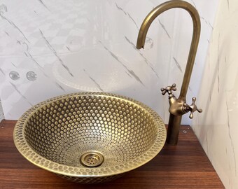 Modern Custom Made Brushed Brass bathroom sink, Vessel Copper Sink, Copper Drain Included
