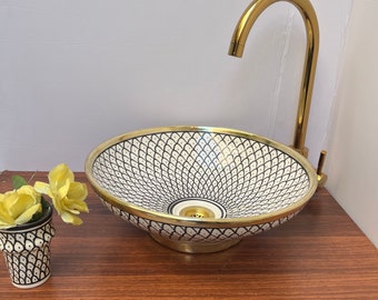 Antique Black moroccan Sink with Brass Rim Edge, ceramic sink and hand painted sink, round ceramic sink