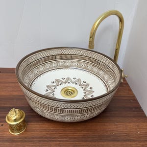 Modern Brown Bathroom Vessel Sink, Antique Moroccan sink for Bathroom Sink - Single Bowl Ceramic Lavabo, Free Gift Included