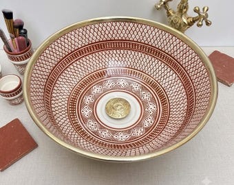 Ręcznie wykonana brązowa marokańska ceramiczna umywalka nablatowa: umywalka łazienkowa