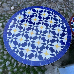 Blue Garden Mosaic Table For Outdoor/Indoor Ceramic Bistro Table, Vibrant Zellige Tiles