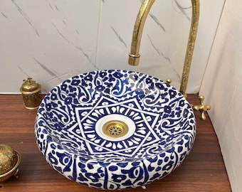 Handpainted Moroccan Ceramic Sink: Blue Bathroom Vessel Sink