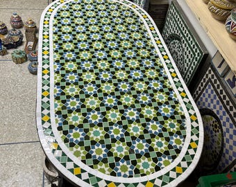 Oval Moroccan Mosaic Table – Rectangular Unique Outdoor/Indoor Ceramic Bistro Table, Vibrant Zellige Tiles