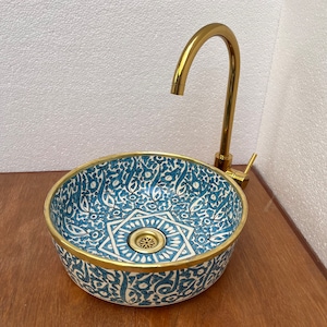 Handmade Moroccan Brass Rim Sink: Ornate Ceramic Vessel Basin