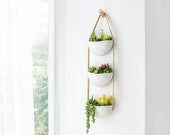 3 Tier Ceramic Wall Hanging Planter Pot Leather Strap Succulent Planters Plants Pots Macrame Display Mounted Indoor Outdoor Ivory White