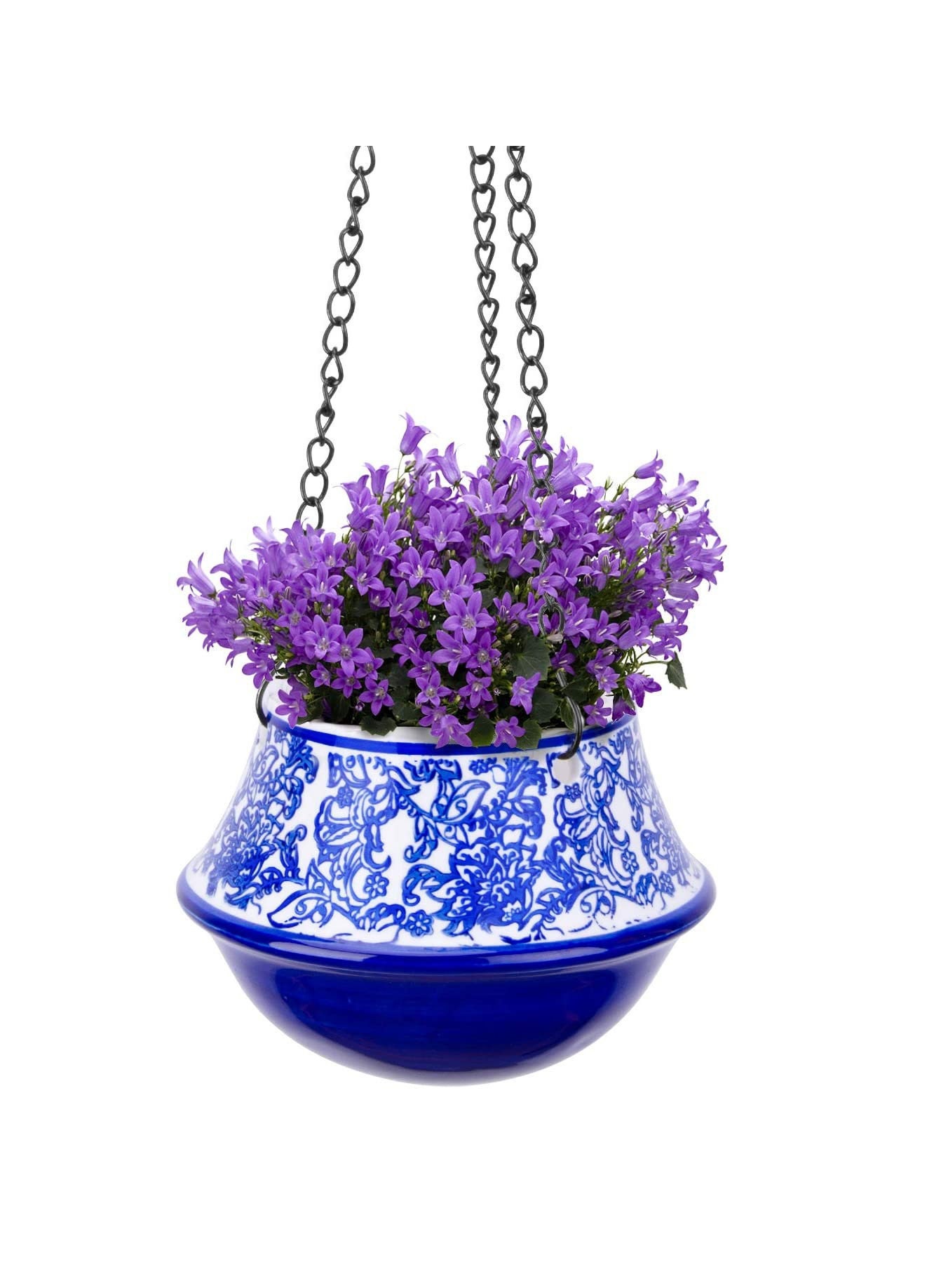 4 Inch WHITE BLUE Floral Ceramic Hanging Planter Plant
