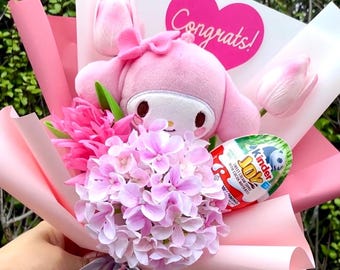 My Melody Flower Bouquet with Kinder Joy | Sweet Graduation Gift, Handmade Sanrio-Style Bouquet | Custom Message Available