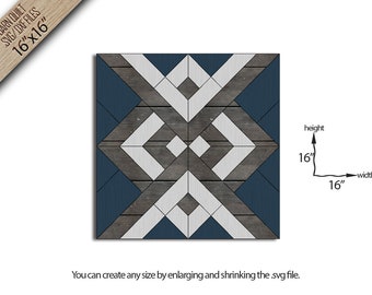 May include: A 16-inch by 16-inch square quilt block pattern featuring a geometric design with blue, gray, and white colors. The pattern is made up of overlapping squares and triangles.