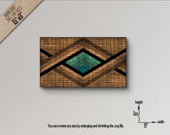 May include: A geometric wood wall art design with a teal diamond shape in the center. The design is made of wood planks with a grid pattern. The art is 15 inches by 9 inches.