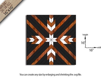 May include: A 16-inch by 16-inch square design featuring a geometric pattern of black, brown, and white wooden planks. The design resembles a starburst or a snowflake.