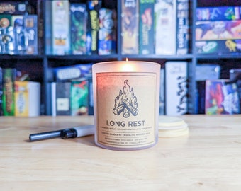 Long Rest Adventure Gaming Candle 8oz Hand Poured Soy Wax Candle // Immersive Campfire Experience // Dungeons and Dragons
