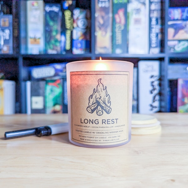 Long Rest Adventure Gaming Candle 8oz Hand Poured Soy Wax Candle // Immersive Campfire Experience // Dungeons and Dragons