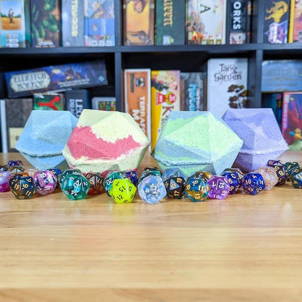 Large Customizable D20 Bath Bomb (4in) with complete surprise set of dice inside, Full mini set (10mm) or Full regular set, DnD, Dice Bomb