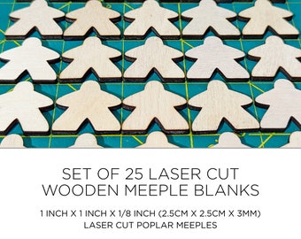Set of 25 Wooden Meeple Blanks - Laser cut poplar wood - 1in x 1in x 1/8 in (2.5cm x 2.5cm x 3mm) Board game piece - Crafting piece